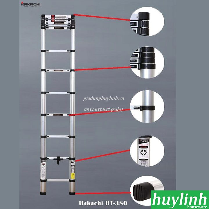 Thang nhôm rút đơn Hakachi HT-380CP - 3.8 mét 3