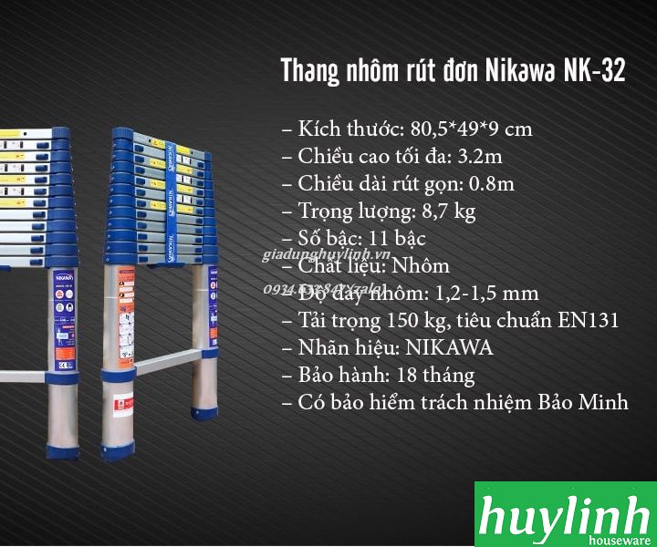 Thang nhôm rút đơn Nikawa NK-32 NEW - 3.2 mét - Tặng đệm cao su 2
