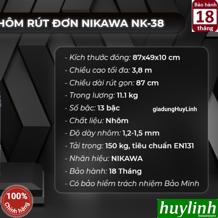 Thang nhôm rút đơn Nikawa NK-38 NEW - 3.8 mét - Tặng đệm cao su 3