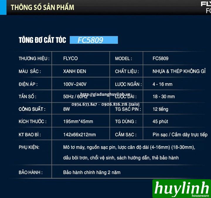 Tông đơ cắt tóc dùng pin Flyco FC5809 9