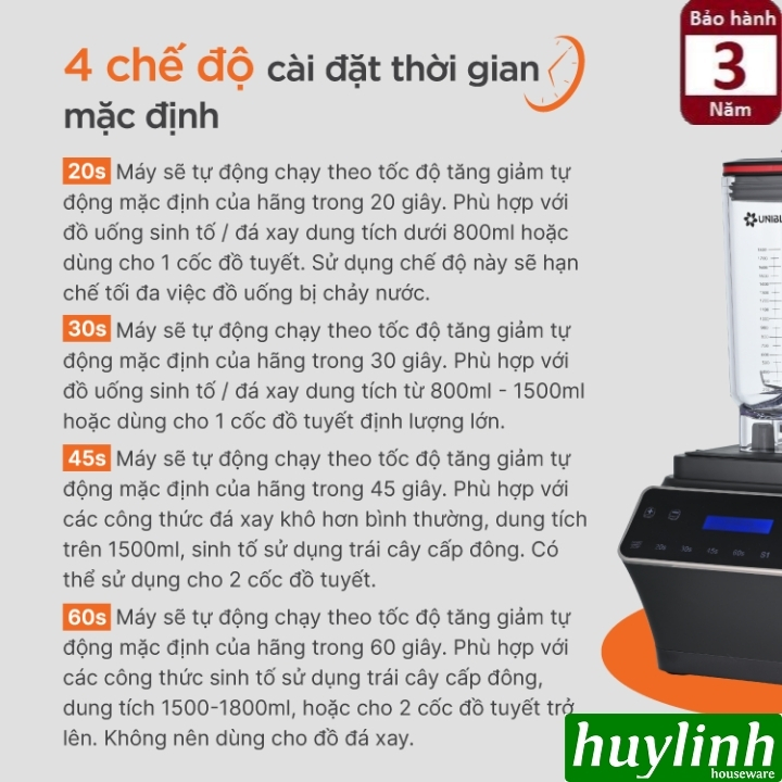 Máy xay sinh tố công nghiệp Uniblend One Touch - 1680W - Dung tích 1.8 lít - Điều khiển cảm ứng 4