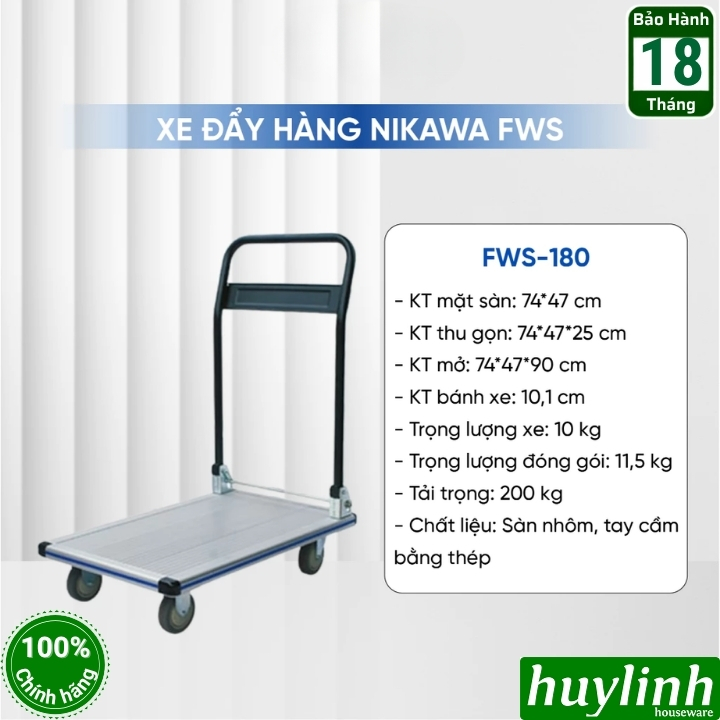 Xe kéo đẩy hàng sàn nhôm Nikawa FWS-180 - tải trọng 180kg - 74x47cm mặt sàn
