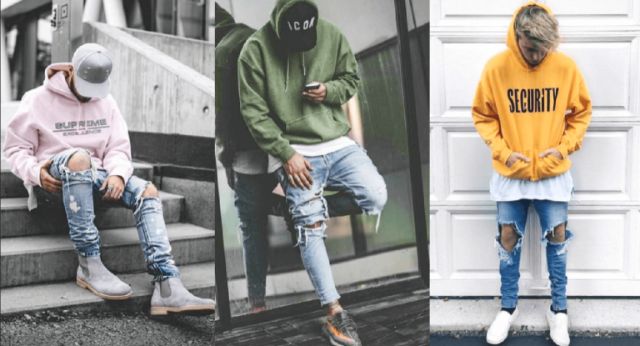 Phối quần jeans rách nam với áo hoodie