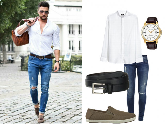 Sơ mi trắng mix cùng quần Jeans nam