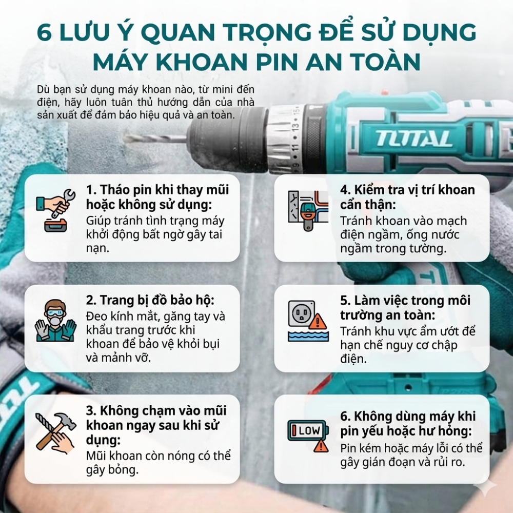 Các nguyên tắc an toàn cần ghi nhớ khi sử dụng máy khoan pin cầm tay (Nguồn: Internet)
