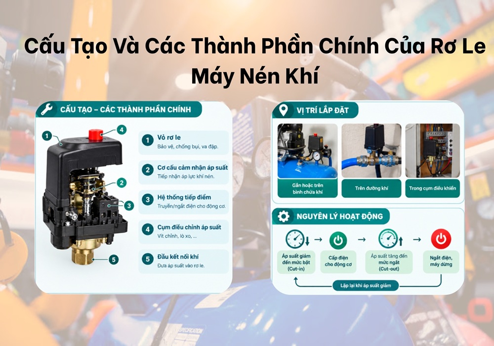 Cấu tạo và thành phần chính của rơ le máy nén khí
