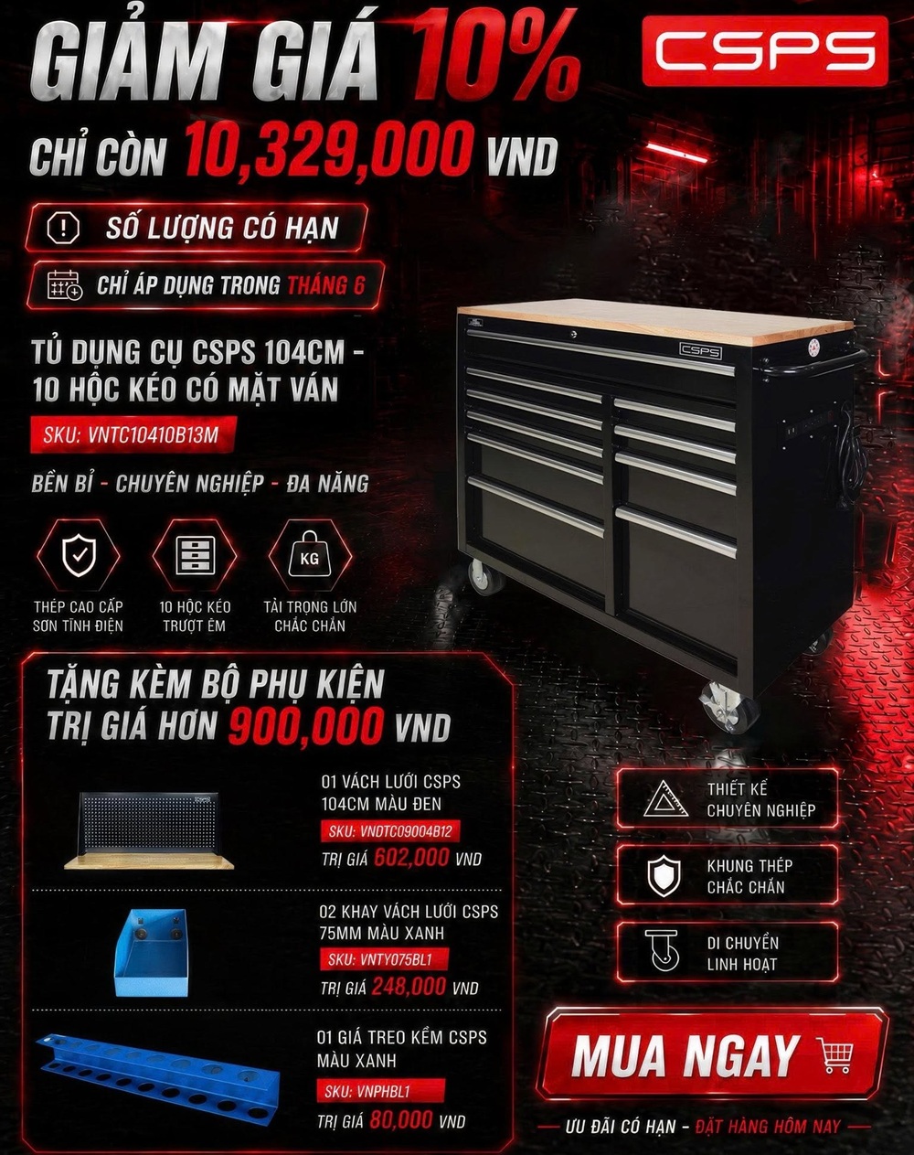 Tủ dụng cụ CSPS 104cm – 10 hộc kéo mặt gỗ