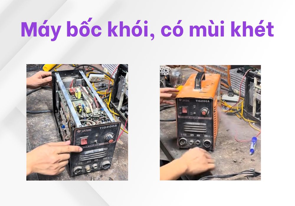 máy bốc khói, có mùi khét