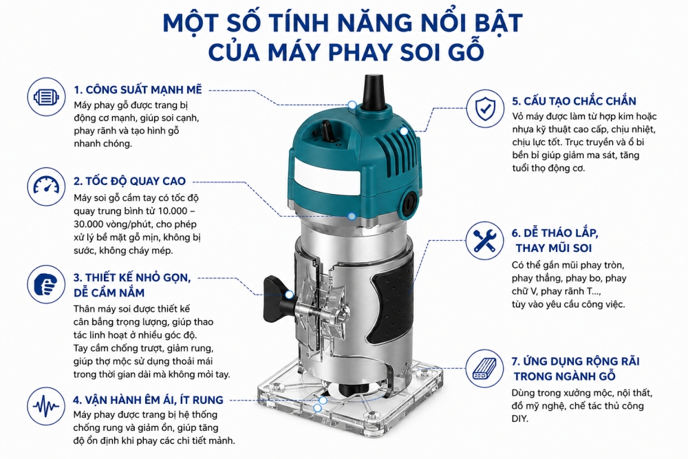 Một số tính năng nổi bật của máy phay soi gỗ