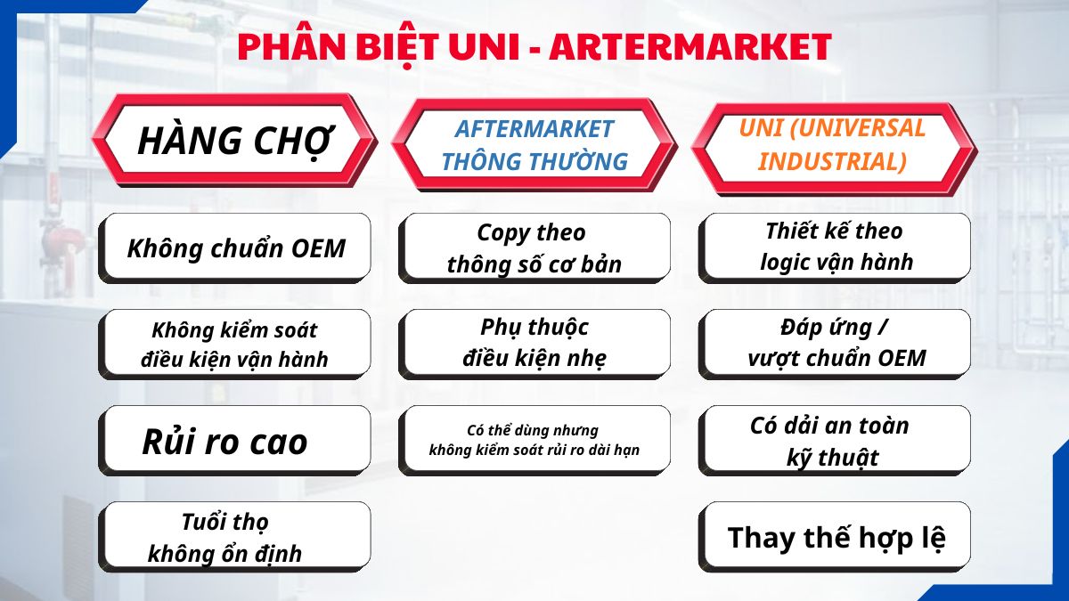 Infographic giải thích dầu máy nén khí UNI là gì và khác gì so với dầu trôi nổi và aftermarket thông thường