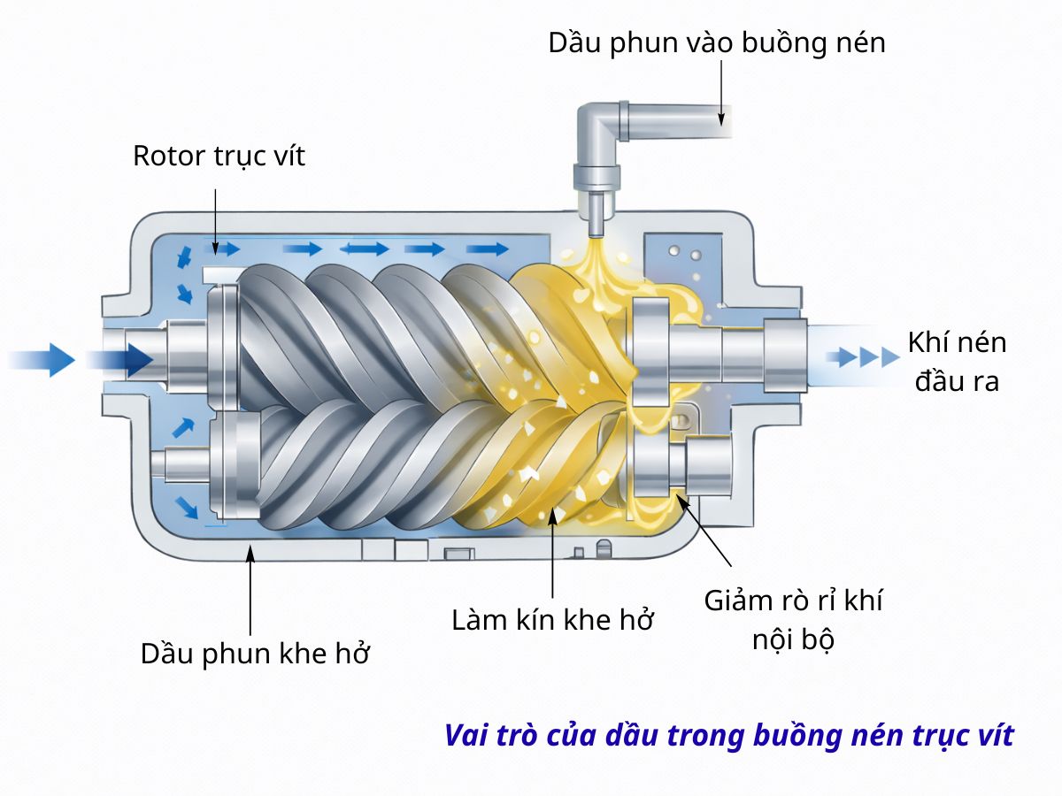 Sơ đồ buồng nén trục vít thể hiện vai trò làm kín của dầu bôi trơn