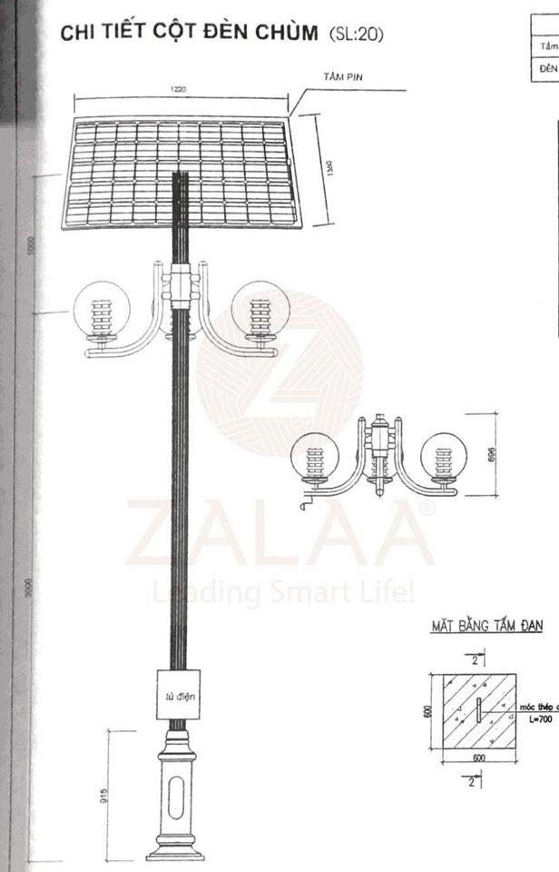 Bộ đèn công viên sử dụng điện năng lượng mặt trời 3-4 bóng LED 10-20w mã ZCV-20S-3