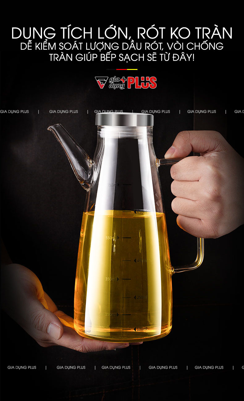 Dung tích lớn, thiết kế tiện lợi cho người sử dụng như việc chống tràn dầu ra ngoài giúp bếp luôn sạch sẽ là ưu điểm của bình dầu Kuake | Bình đựng dầu thuỷ tinh borosilicate lớn, có vòi & tay cầm 550ml và 750ml chính hãng Kuake