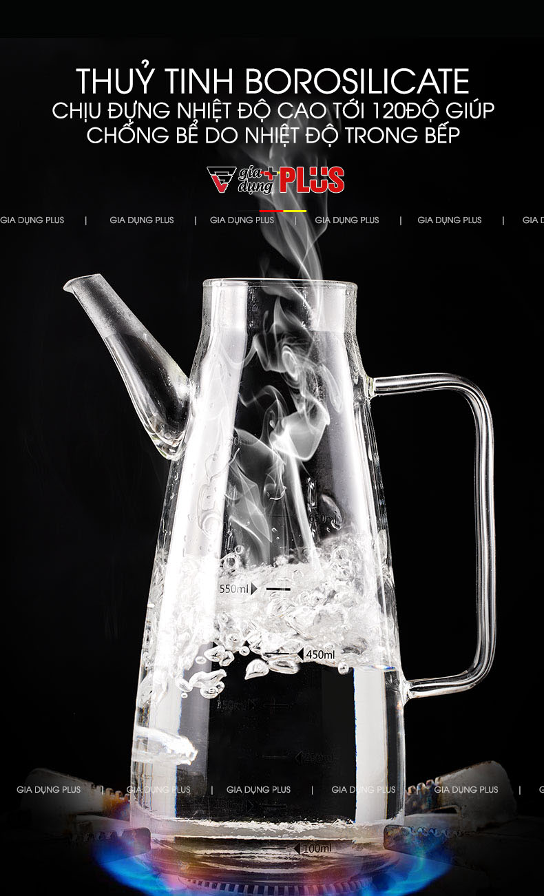 Thuỷ tinh borosilicate còn hơn loại thường ở chỗ chịu nhiệt tốt, có thể chịu nhiệt độ cao tới 120 độ C và - 20 độ C mà không sợ, giúp yên tâm dùng cho bếp không lo nứt vỡ | Bình đựng dầu thuỷ tinh borosilicate lớn, có vòi & tay cầm 550ml và 750ml chính hãng Kuake