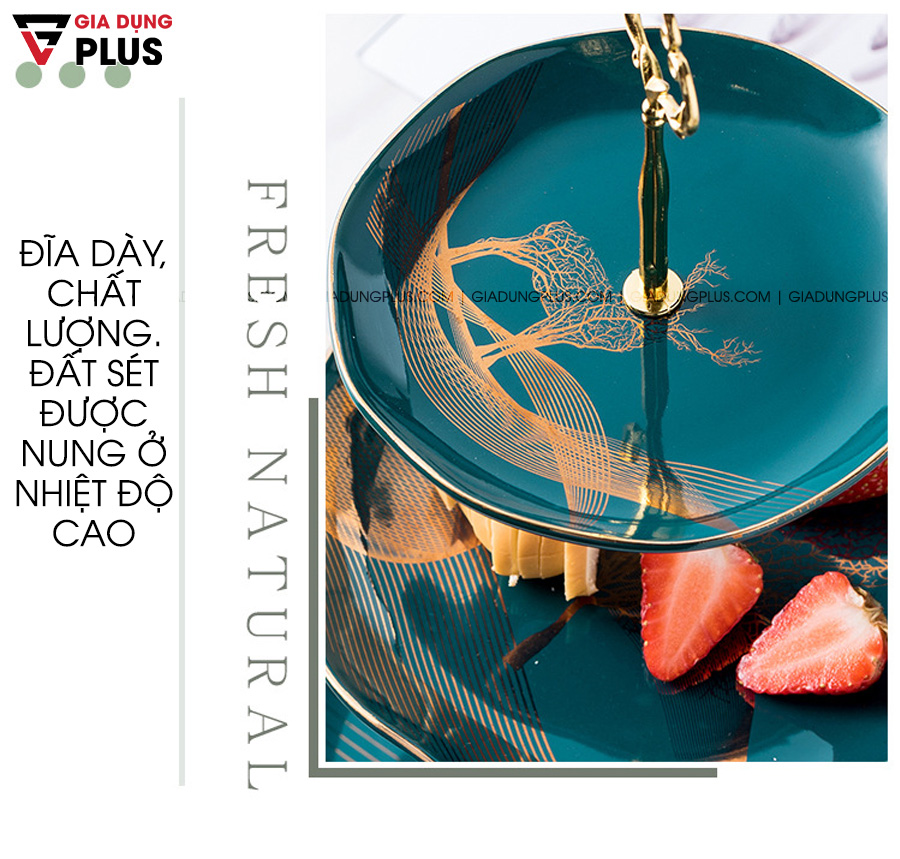 Đĩa đựng trái cây sứ, tiệp chỉ vàng có đĩa dày và chất lượng