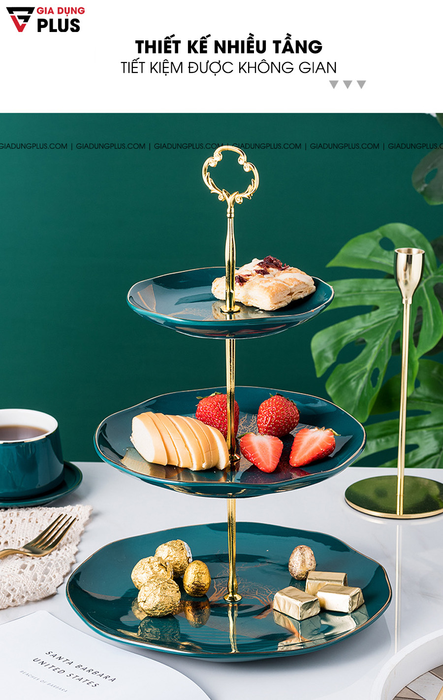 Đĩa đựng trái cây sứ, tiệp chỉ vàng tiết kiệm được không gian