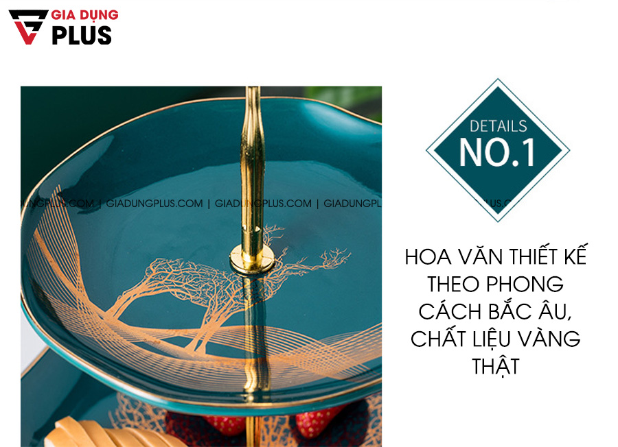 Đĩa đựng trái cây sứ, tiệp chỉ vàng có hoa văn mang phong cách Bắc Âu