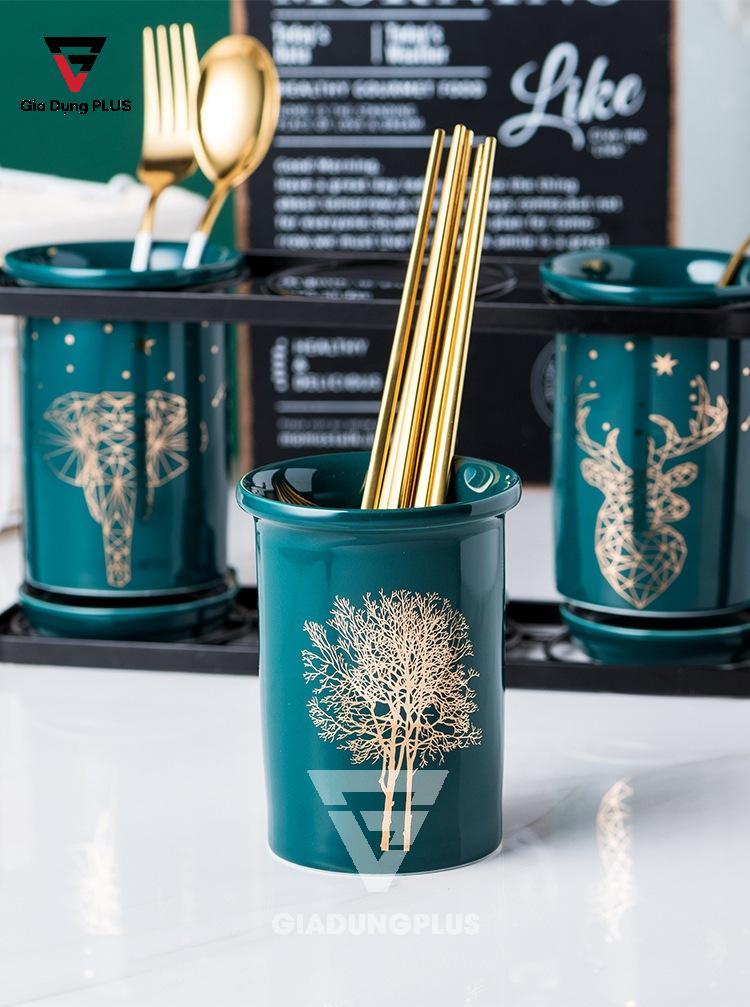 Bộ Ba Ống Đựng Đũa, Thìa Bằng Sứ Màu Xanh Ngọc Lục Bảo Đặt Bàn Cho Nhà Hàng, Phòng Bếp Sang Trọng & Cao Cấp | Ống đũa trang trí hình cây cối