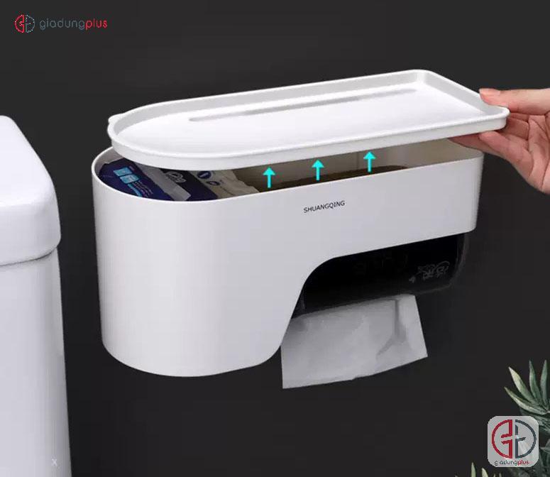 Hộp Đựng Giấy Vệ Sinh Dán Tường Nhựa ABS Chống Thấm Nước có phần nắp phía trên có thể mở ra