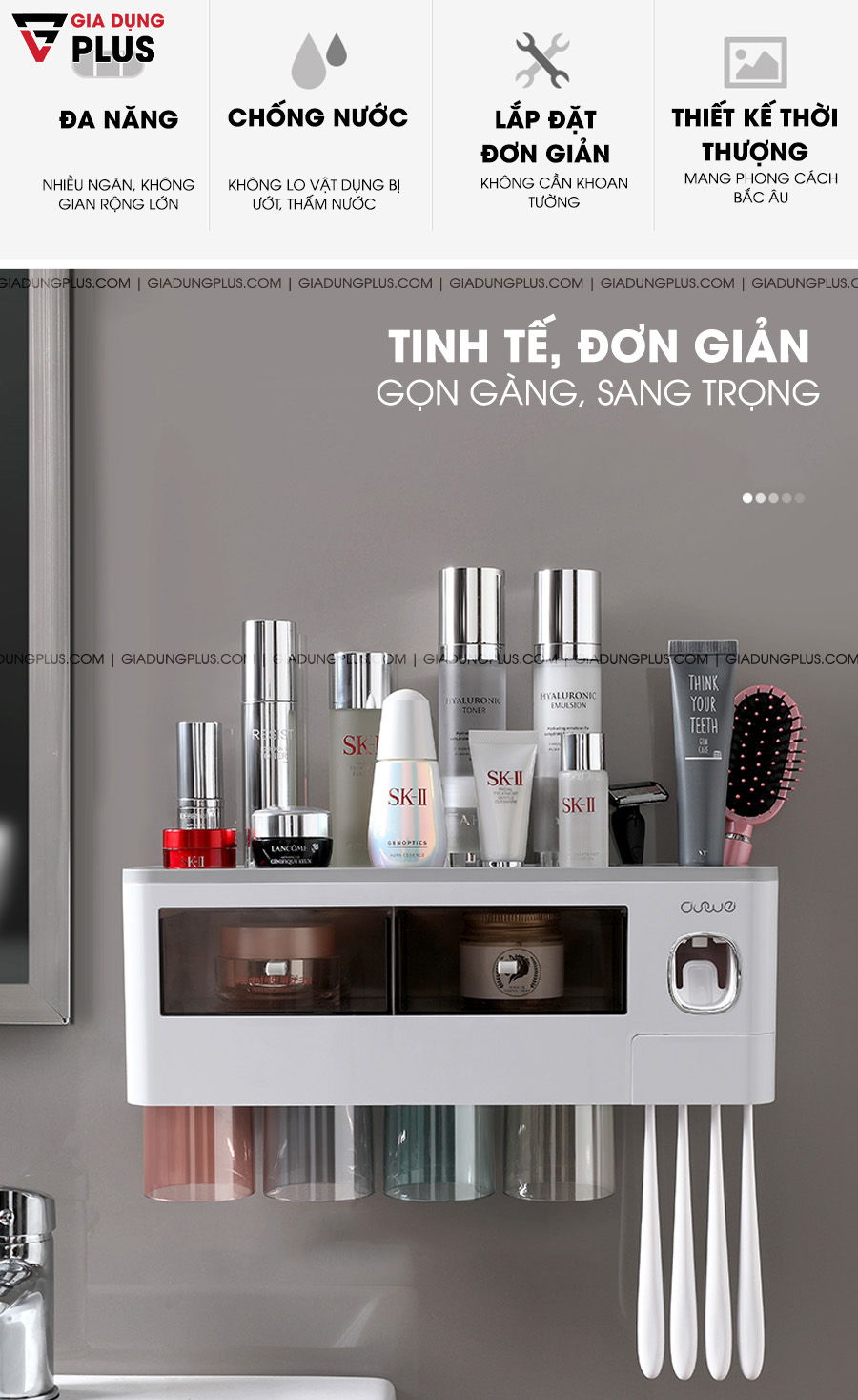 Tinh tế sang trọng là đặc tính nổi bật của Kệ đa năng & Bộ nhả kem đánh răng kèm cốc dán tường