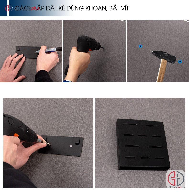 cácl lắp đặt kệ giá đựng chén bát dán tường inox 304, sơn tĩnh điện bằng khoan và ốc vít