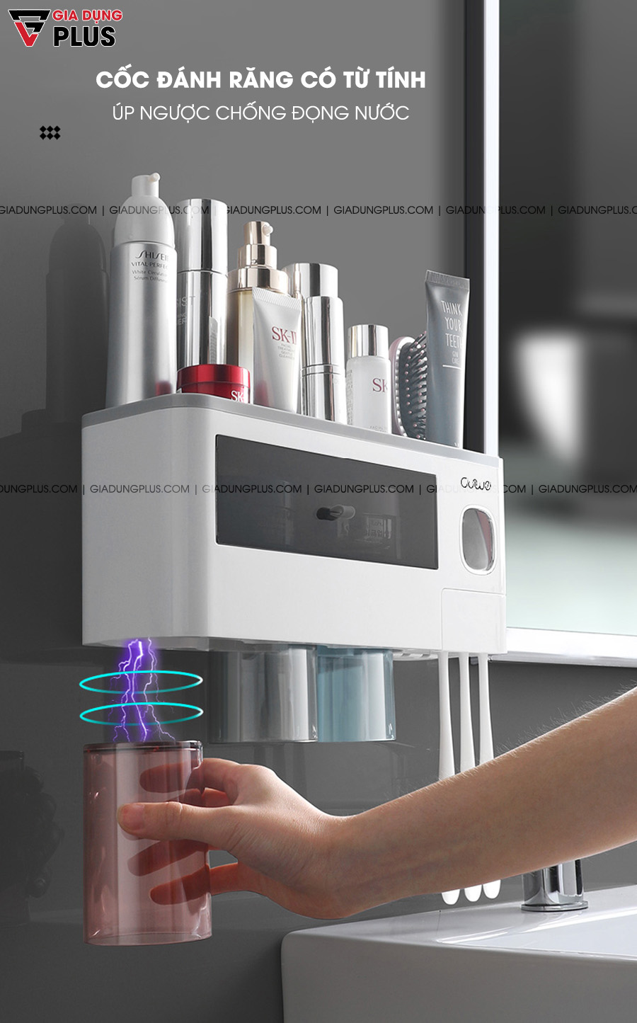 Kệ đa năng & Bộ nhả kem đánh răng kèm cốc dán tường tích hợp cốc có từ tính cao cấp