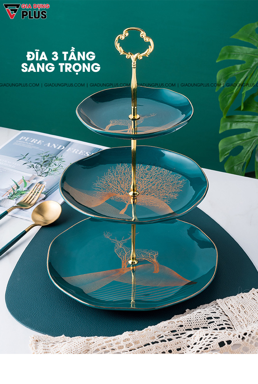 Đĩa đựng trái cây sứ, tiệp chỉ vàng 3 tầng sang trọng