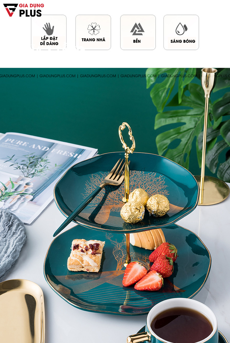 Đĩa đựng trái cây sứ, tiệp chỉ vàng đem lại sự sang trọng trong phòng khách