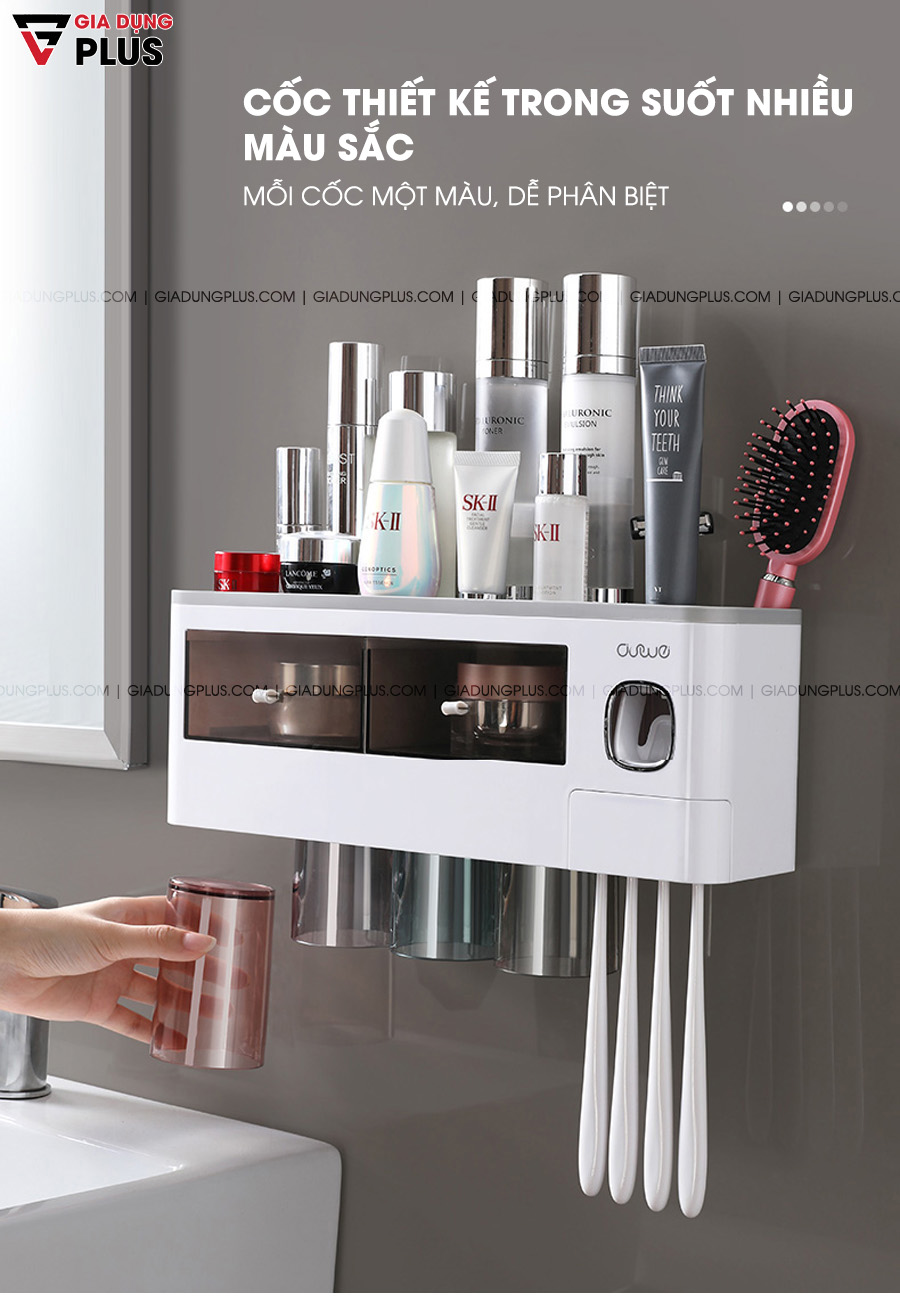 Kệ đa năng & Bộ nhả kem đánh răng kèm cốc dán tường có các cốc trong suốt nhiều màu sắc