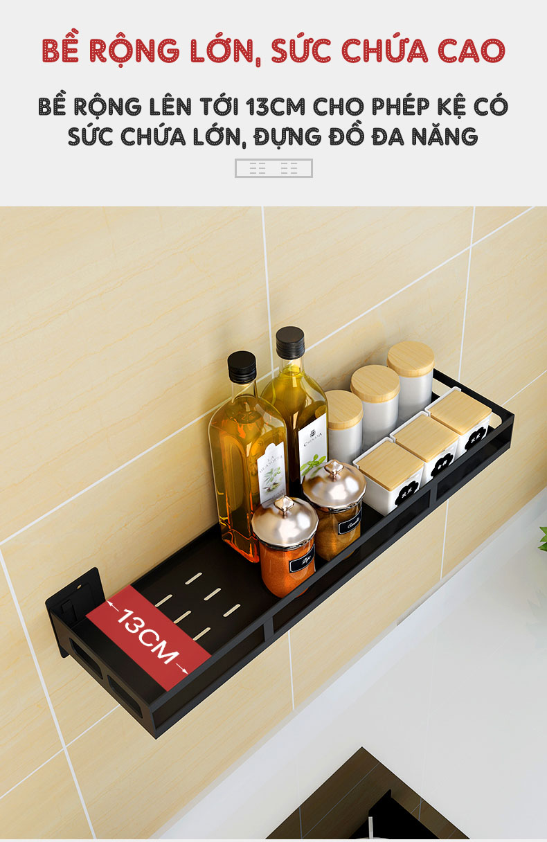Kệ đựng gia vị, chai lọ treo tường (dán tường) thông minh INOX 304 | Có bề rộng lên tới 13cm, khả năng chứa đồ lớn