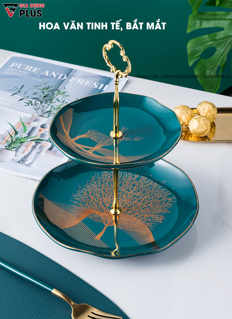 Đĩa đựng trái cây sứ, tiệp chỉ vàng có hoa văn tinh tế, bắt mắt