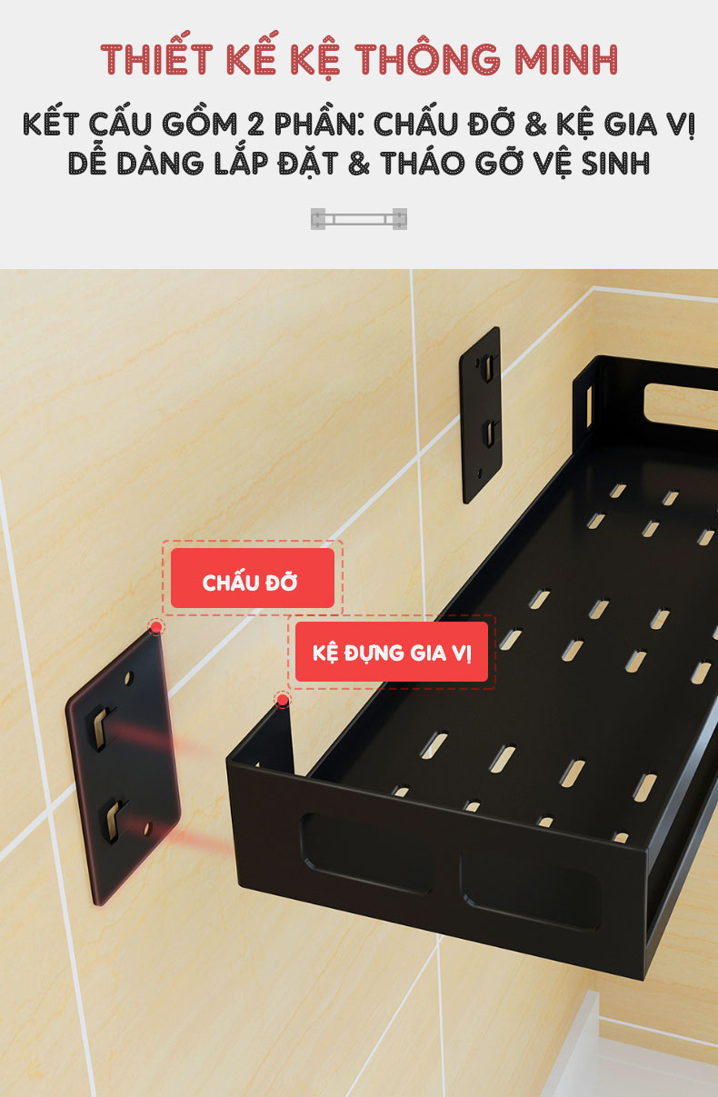 Kệ đựng gia vị, chai lọ treo tường (dán tường) thông minh INOX 304 | Lắp đặt dễ dàng với thiết kế thông minh