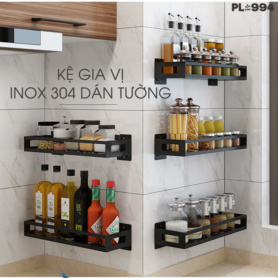 Kệ đựng gia vị, chai lọ treo tường (dán tường) thông minh INOX 304 | Loại góc bo vuông cứng cáp và sang trọng