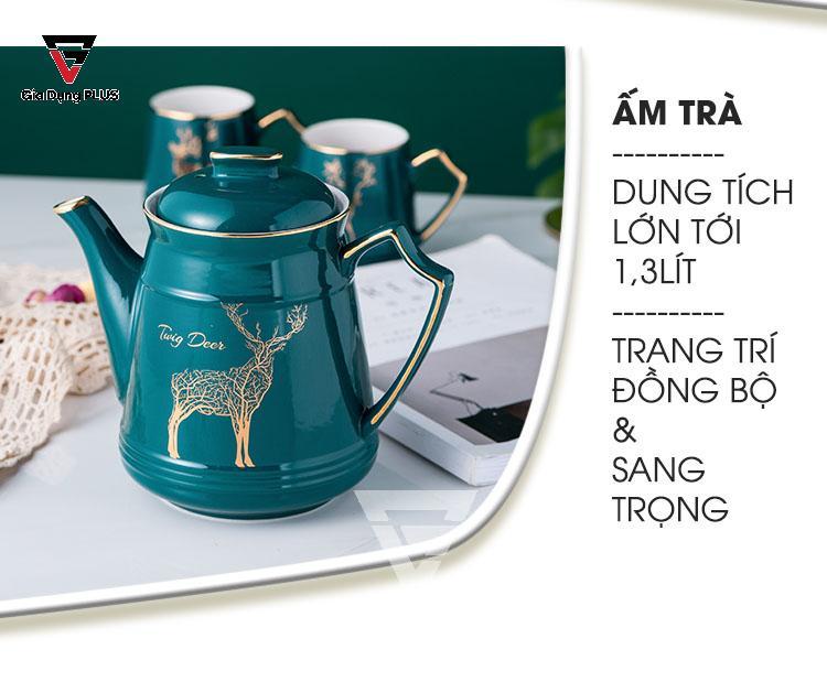 Bộ Ấm Trà Gốm Sứ Sang Trọng Màu Xanh Ngọc Lục Bảo Cao Cấp Qianhuiju | Ấm trà dung tích lớn tới 1300ml