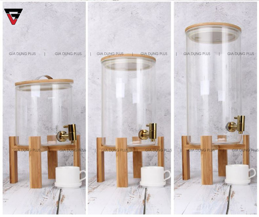 Ảnh thật của 3 phân loại, được Gia Dụng Plus chụp | Bình đựng nước giải khát thuỷ tinh borosilicate kệ gỗ, nắp gỗ dung tích 5lít 8lít 11lít PL0689