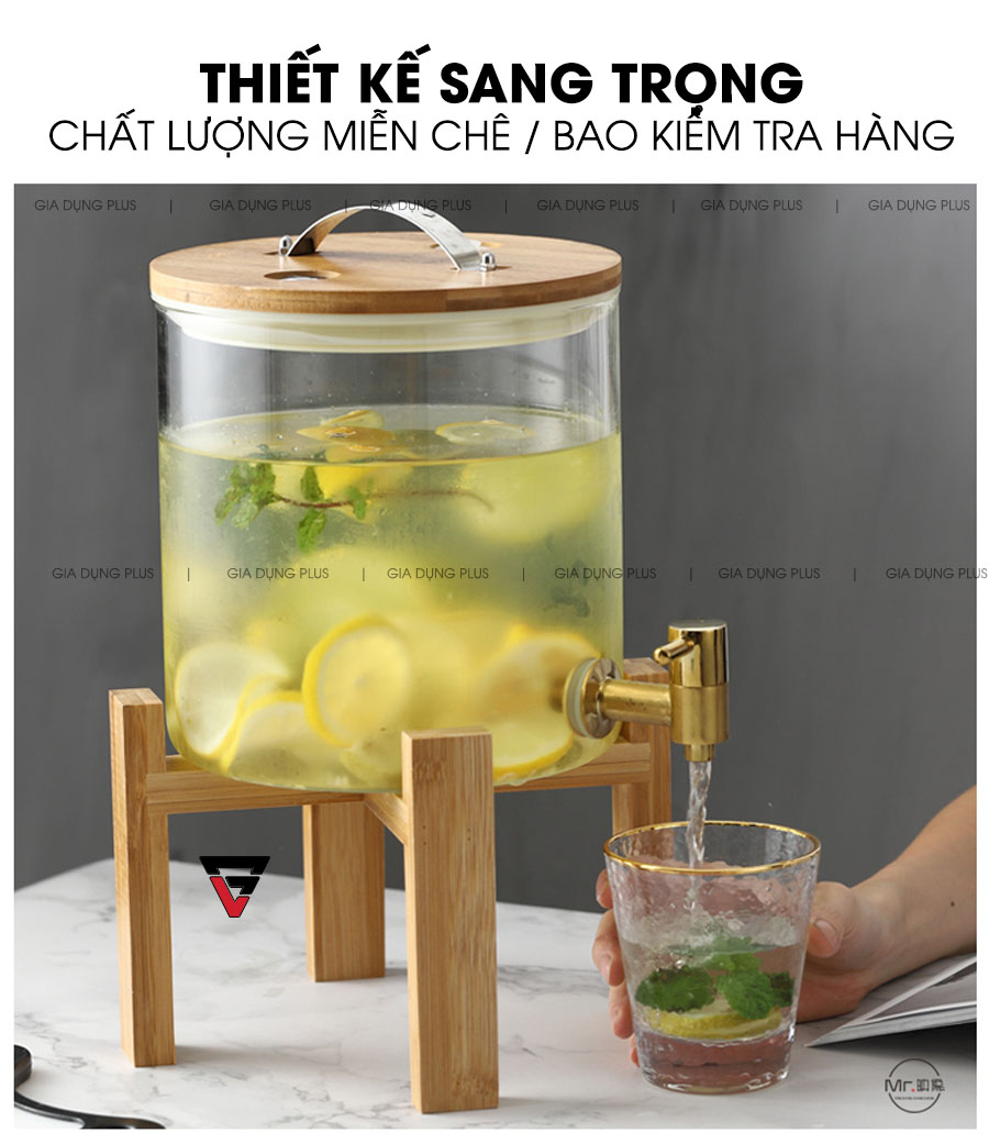 Thiết kế sang trọng, chất lượng cao cấp | Bình đựng nước giải khát thuỷ tinh borosilicate kệ gỗ, nắp gỗ dung tích 5lít 8lít 11lít PL0689
