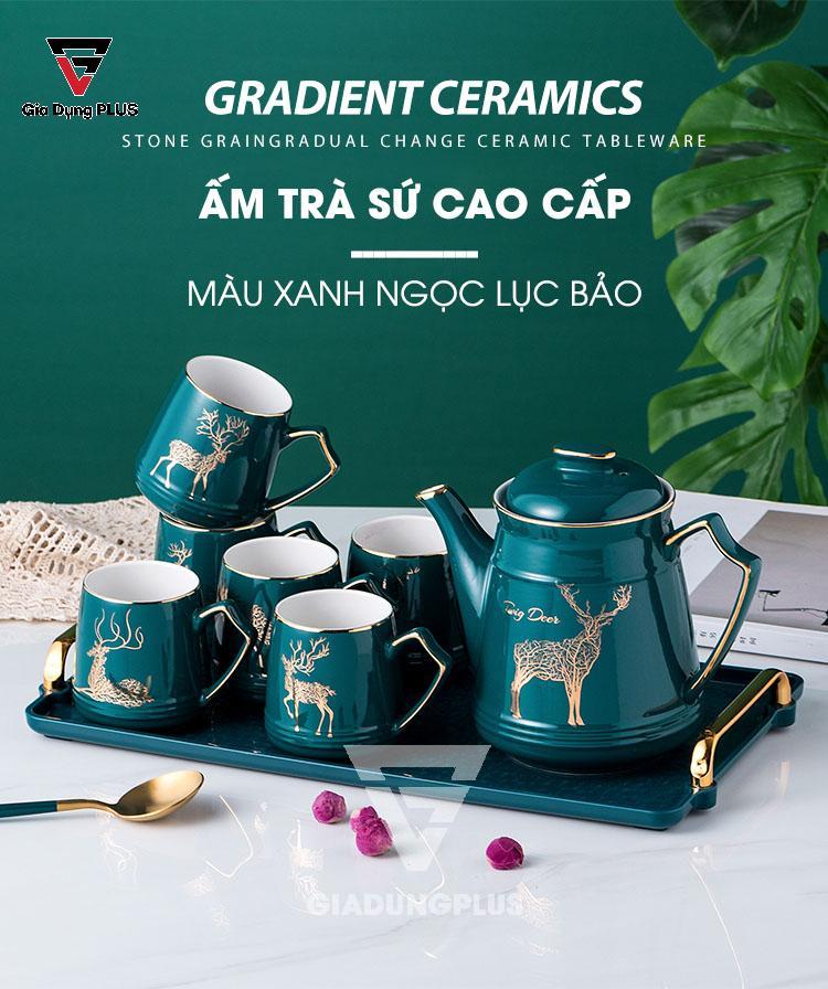 Bộ Ấm Trà Gốm Sứ Sang Trọng Màu Xanh Ngọc Lục Bảo Cao Cấp Qianhuiju | Sự sang trọng mang lại cho phòng khách