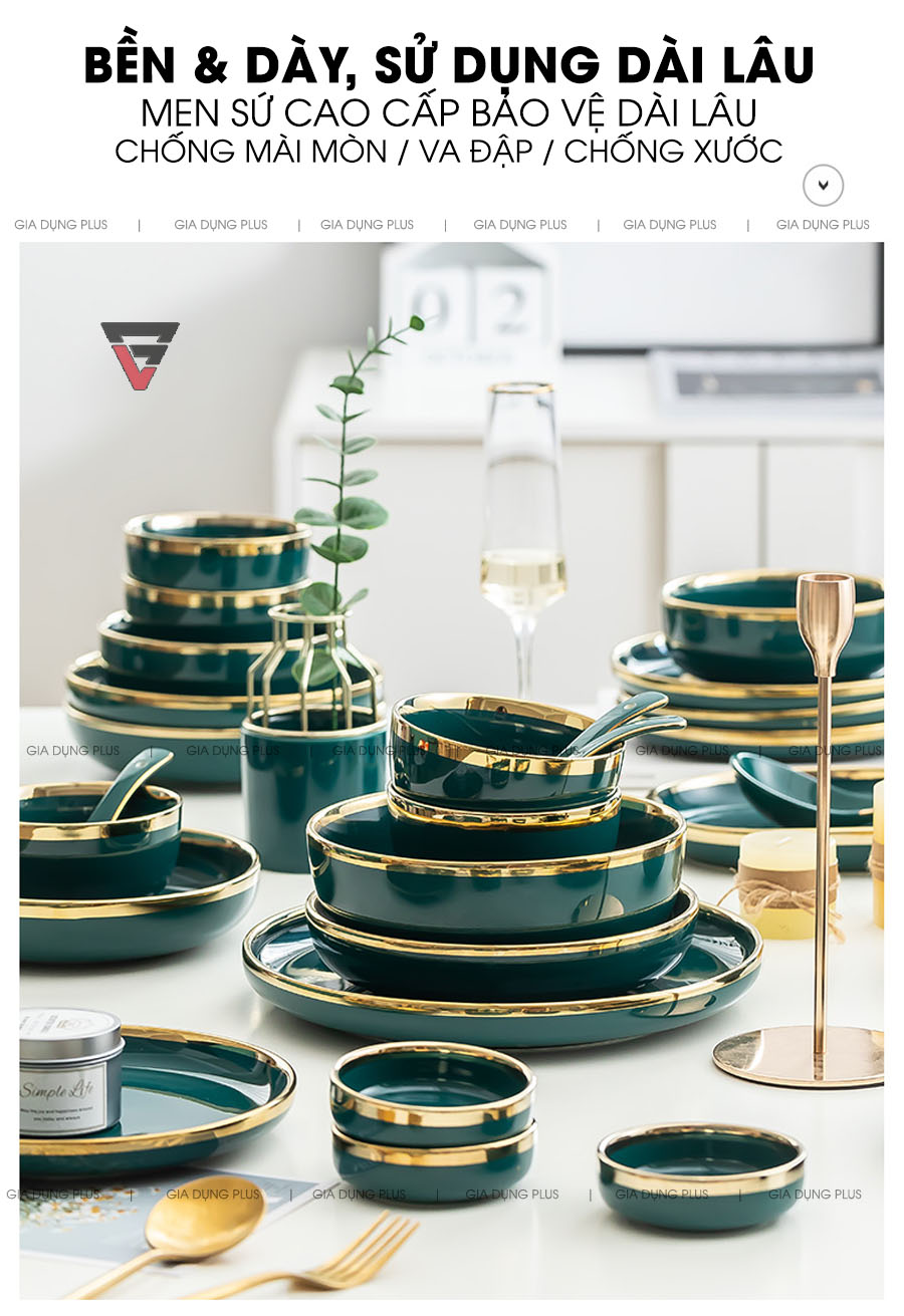 Bền, dày, sử dụng dài lâu. Men sứ cao cấp bảo vệ dài lâu chống mài mòn, va đập, chống xước | Bộ đồ ăn gồm chén đĩa tô sứ màu xanh ngọc viền vàng cao cấp phong cách Bắc Âu Gia Dụng Plus