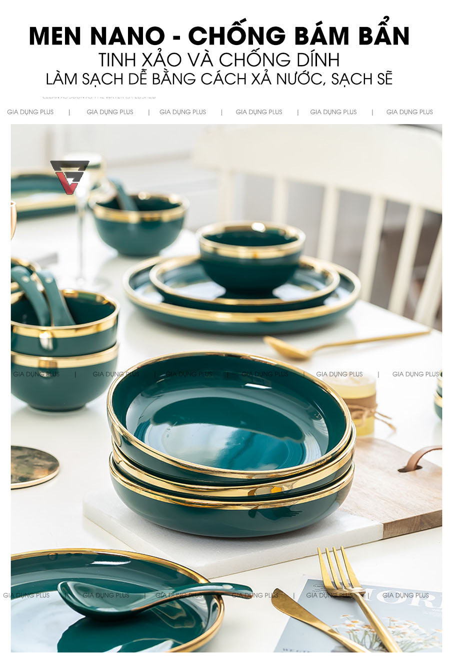 Men sứ phủ nano, chống bám bẩn do đó dễ dàng rửa sạch bằng nước | Bộ đồ ăn gồm chén đĩa tô sứ màu xanh ngọc viền vàng cao cấp phong cách Bắc Âu Gia Dụng Plus