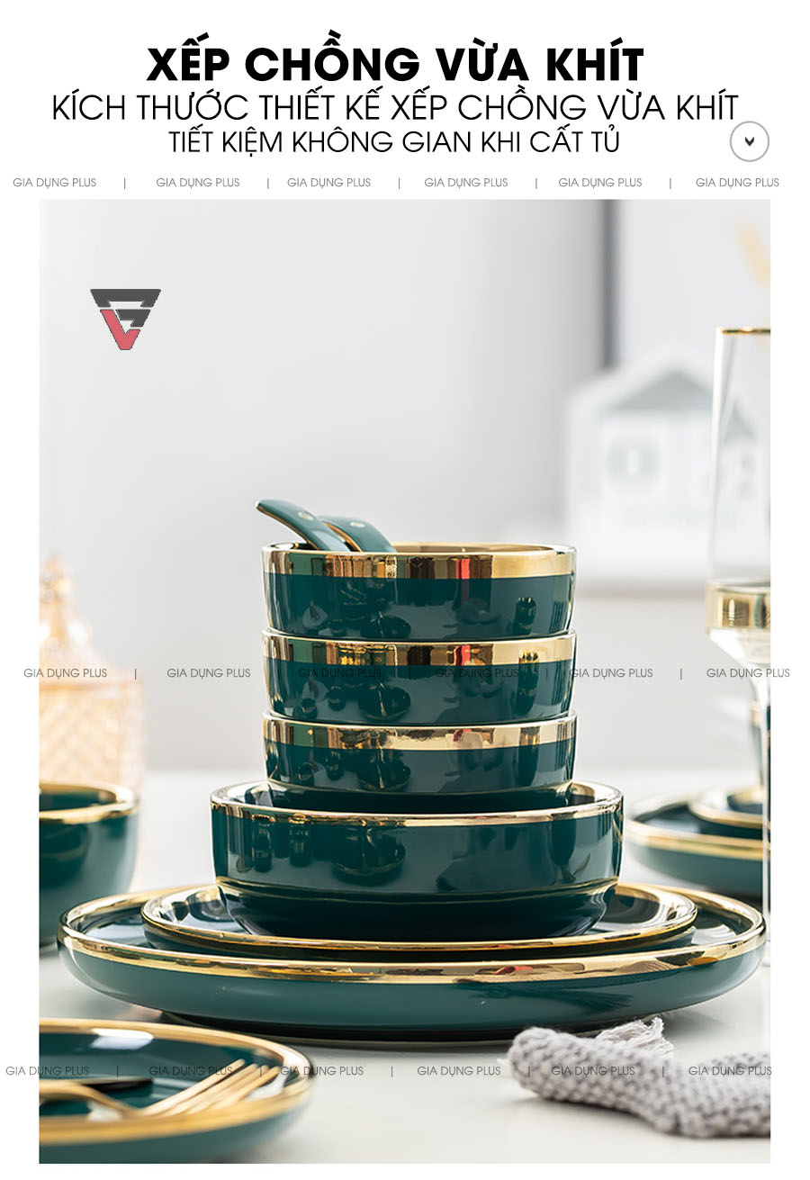 Xếp chồng vừa khít, tiết kiệm không gian với kích thước tăng dần, dễ dàng xếp chồng lên nhau | Bộ đồ ăn gồm chén đĩa tô sứ màu xanh ngọc viền vàng cao cấp phong cách Bắc Âu Gia Dụng Plus