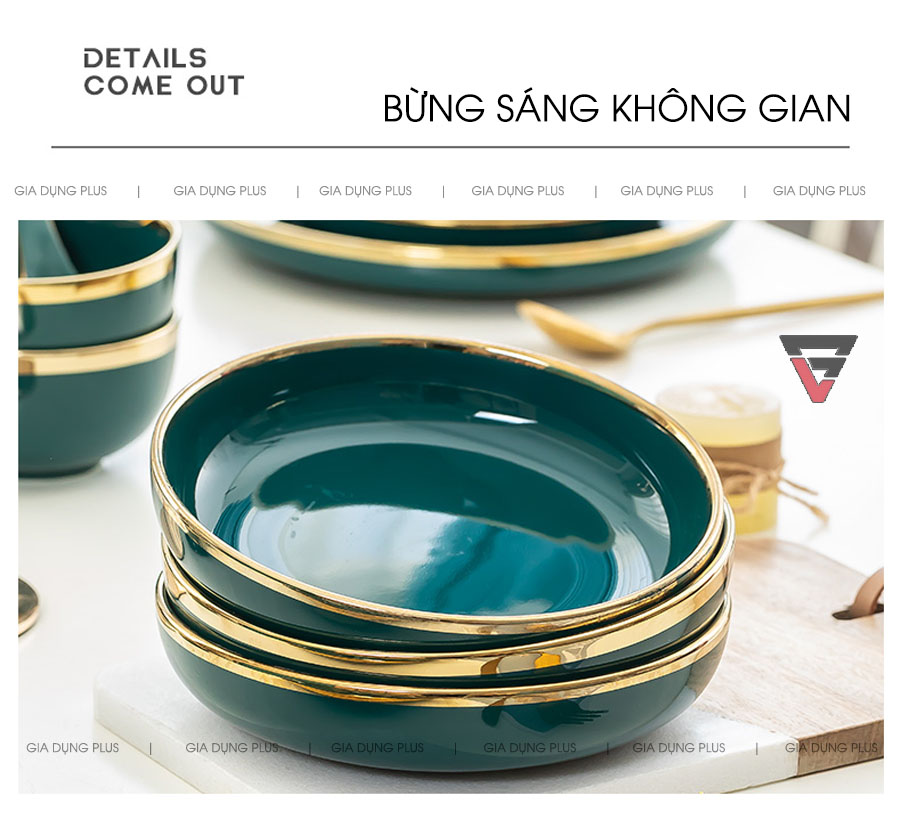 Thiết kế tinh tế giúp bừng sáng không gian phòng ăn, nhà bếp | Bộ đồ ăn gồm chén đĩa tô sứ màu xanh ngọc viền vàng cao cấp phong cách Bắc Âu Gia Dụng Plus
