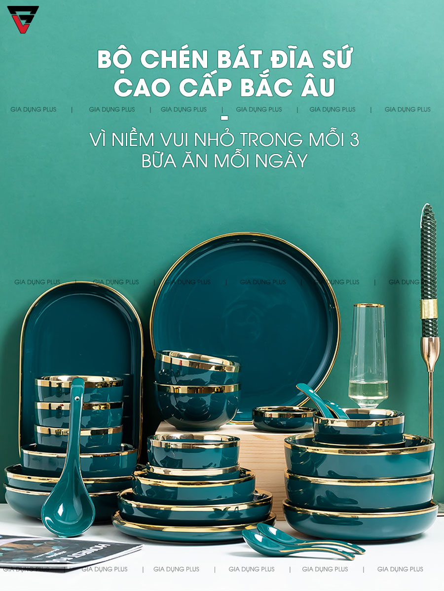 Bộ Đồ Ăn Chén Bát Đĩa Tô Sứ Xanh Ngọc Lục Bảo Viền Vàng Phong Cách Bắc Âu Cao Cấp | Qianhuiju