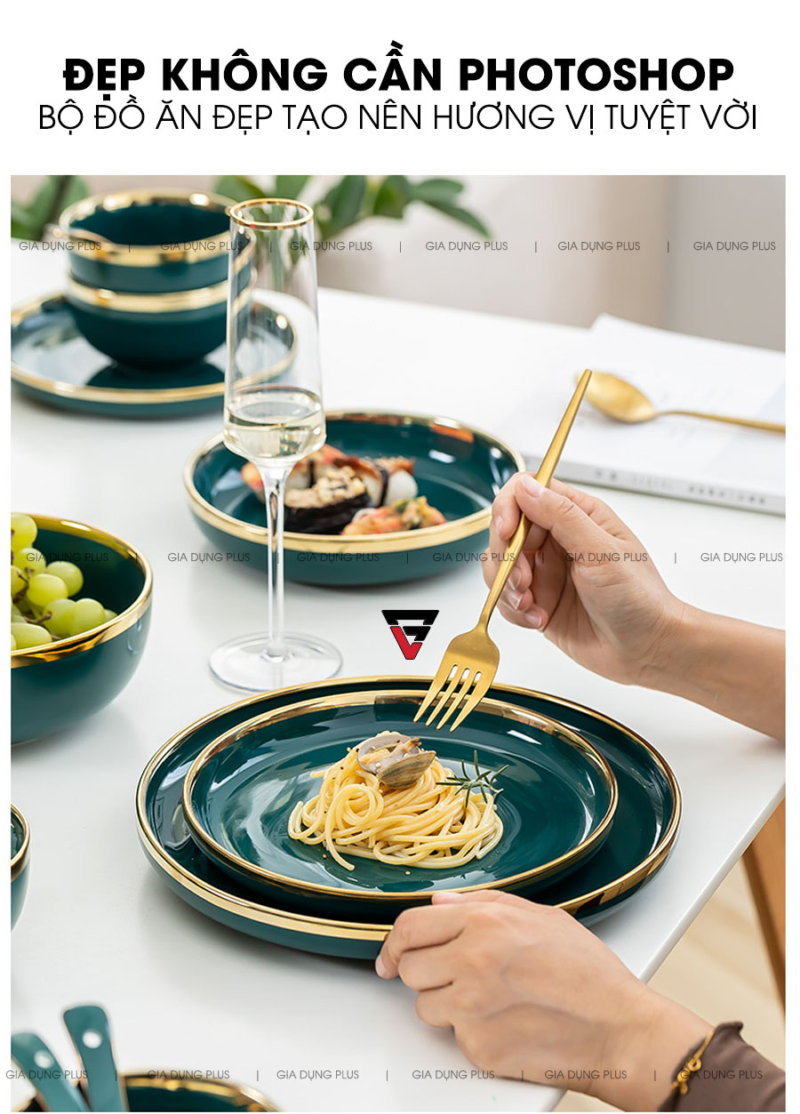 Đẹp, sang trọng thoải mái cho giới sành ăn sống ảo mà không cần đến photoshop | Bộ đồ ăn gồm chén đĩa tô sứ màu xanh ngọc viền vàng cao cấp phong cách Bắc Âu Gia Dụng Plus