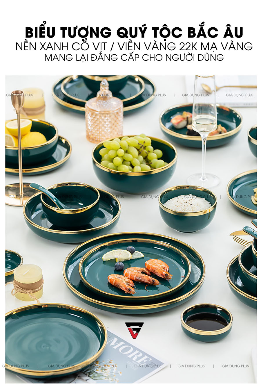 Biểu tượng cho giới quý tộc bắc âu, nền xanh cổ vịt viền vàng 22K mang lại đẳng cấp cho người dùng | Bộ đồ ăn gồm chén đĩa tô sứ màu xanh ngọc viền vàng cao cấp phong cách Bắc Âu Gia Dụng Plus