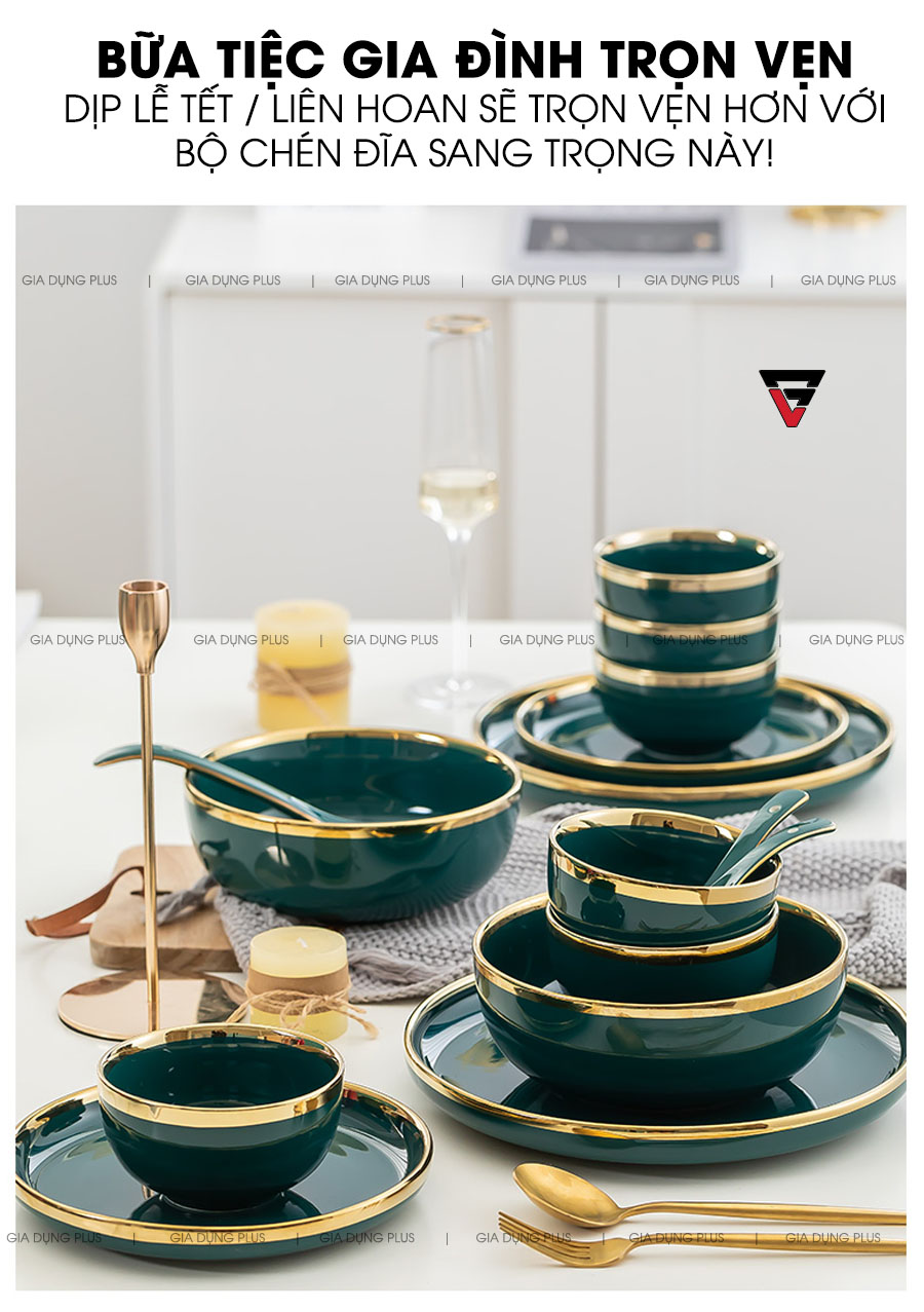 Bữa tiệc gia đình thêm trọn vẹn, phù hợp bày biện cho dịp lễ tết, bữa ăn gia đình đông người | Bộ đồ ăn gồm chén đĩa tô sứ màu xanh ngọc viền vàng cao cấp phong cách Bắc Âu Gia Dụng Plus