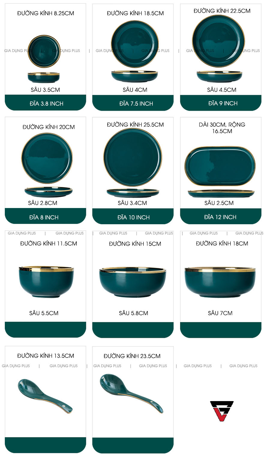Kích thước và phân loại cho từng loại sản phẩm | Bộ đồ ăn gồm chén đĩa tô sứ màu xanh ngọc viền vàng cao cấp phong cách Bắc Âu Gia Dụng Plus
