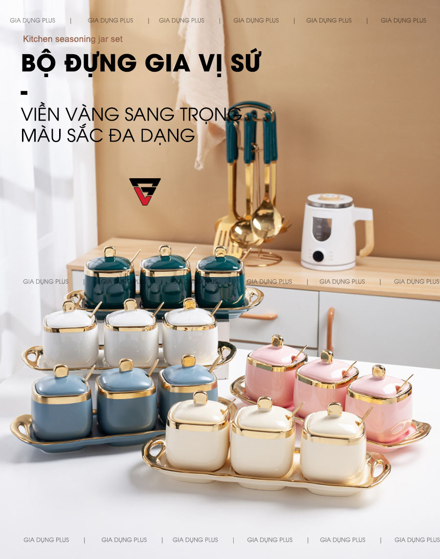 Bộ 3 Hộp Đựng Gia Vị Gốm Sứ Kèm Khung Sứ Đặt Bàn Viền Vàng Cao Cấp (Tặng Muỗng & Hộp Quà Sang Trọng)