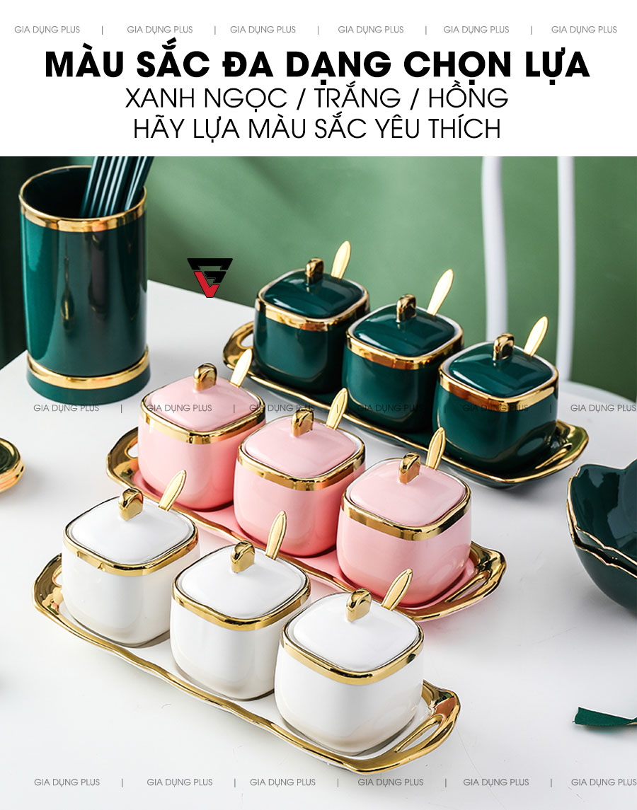 Màu sắc đa dạng dễ dàng lựa chọn màu sắc yêu thích | Bộ hủ gia vị sứ đặt bàn viền vàng cao cấp kèm kệ sứ chaobai trên giadungplus