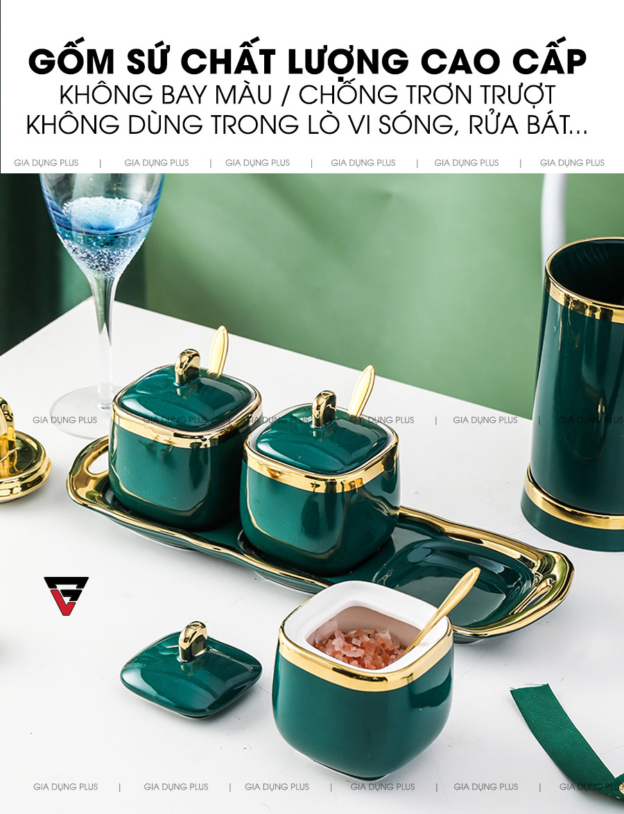 Gốm sứ chất lượng cao cấp, ko bay màu và chống trơn trượt | Bộ hủ gia vị sứ đặt bàn viền vàng cao cấp kèm kệ sứ chaobai trên giadungplus