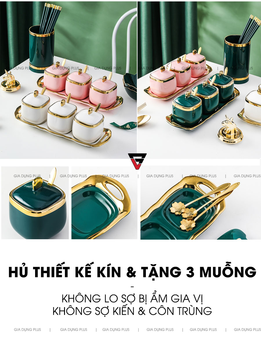 Hủ thiết kế kín & tặng kèm 3 muỗng gia vị, ko lo sợ bị ẩm gia vị, chống kiến và côn trùng | Bộ hủ gia vị sứ đặt bàn viền vàng cao cấp kèm kệ sứ chaobai trên giadungplus